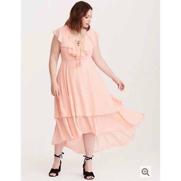 Torrid Insider Collection Sleeveless Ruffle High Low Lace Up Midi Dress 22 - Picture 1 of 13